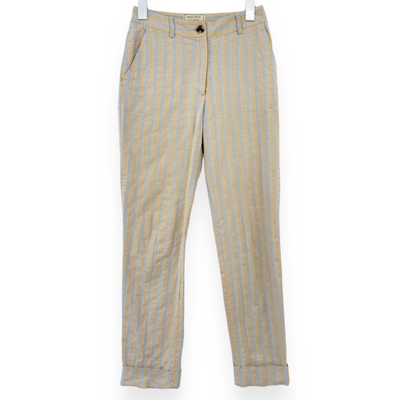 Maison Kitsune Beige & Blue Striped Lightweight Cotton Slim Pants sz 34